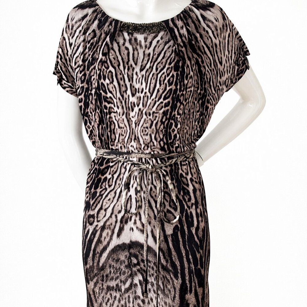 Roberto Cavalli Animal Print Dress – Italian Designer Silk Feel Dress with Belt